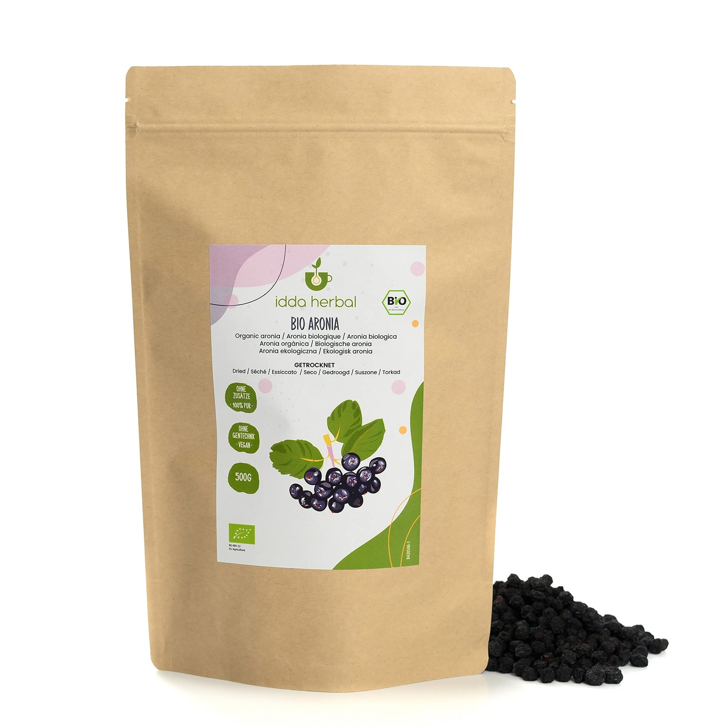 IDDA Herbal Organic Aronia Berries 500g 1.1 lb, Unsweetened Dried Aronia Berries, Fruit Snack