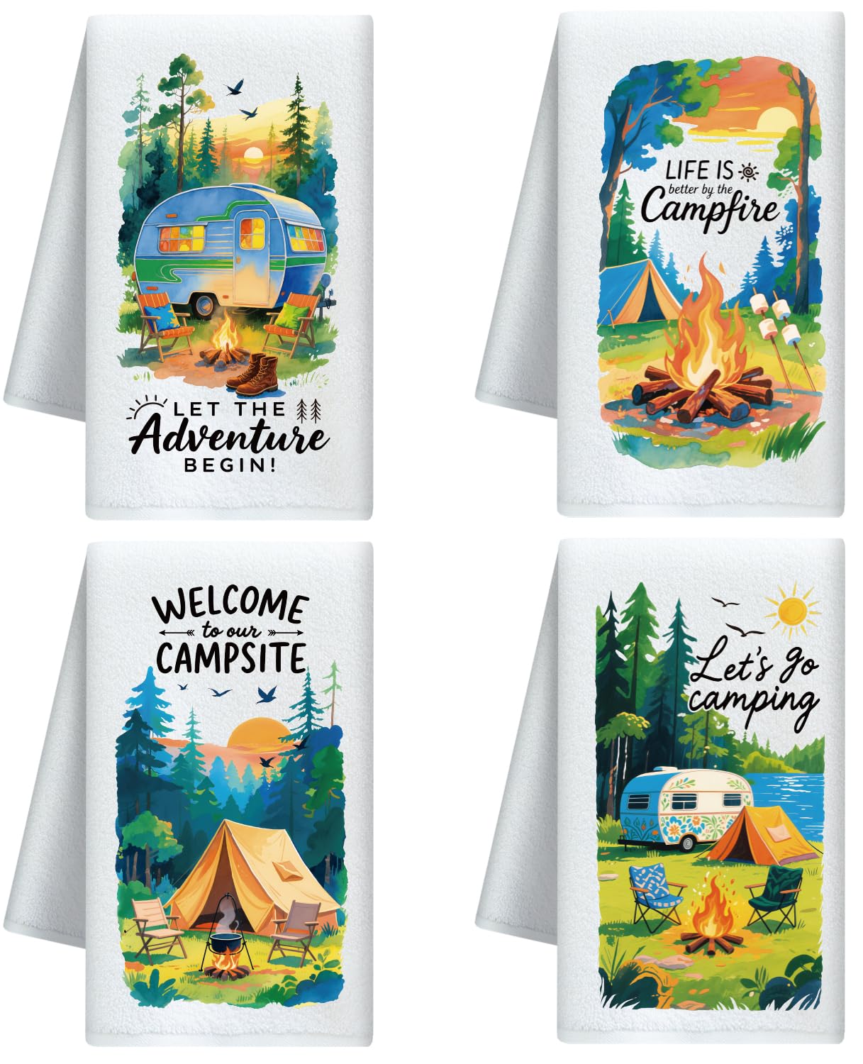 CUTHOLLOW Camping Element Decorative Kitchen Towels Set of 4, 60x40cm Soft & Absorbent Microfiber Dish Towel for Tea Coffee Bar Home, Best Gift for