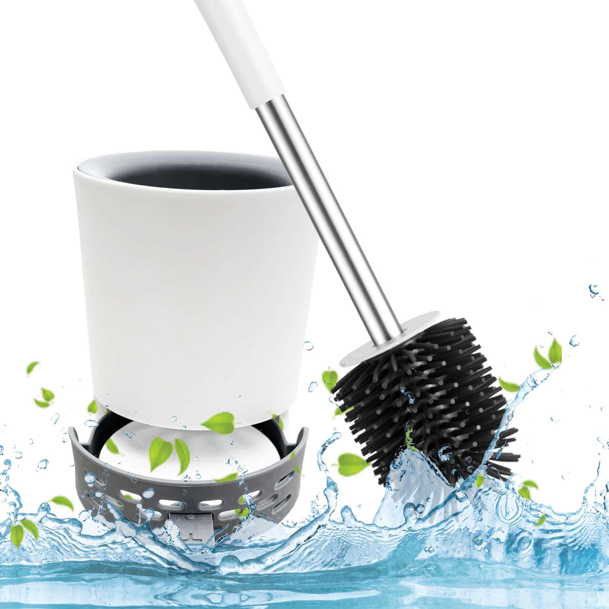 Twin-Pack, Toilet Brush with Drainage Holder Set,Flex Silicone Anti-Clog Anti-Drip Brush Head, White/Grey Colour with Stainless Steel Handle, 2-Pack