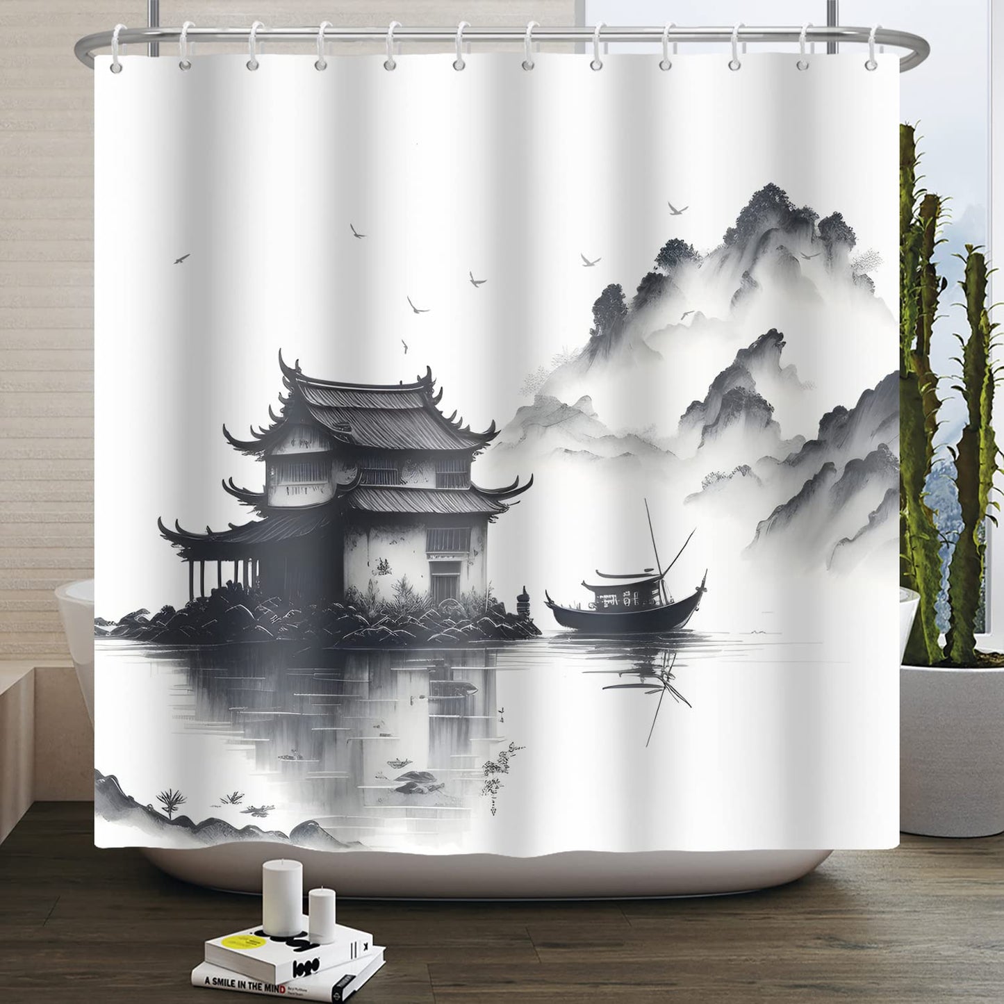 SDOTPMT 180x198cm Lake Mountain Shower Curtain Smokey Mountain Boat Wild Nature Bathtub Countryside Scenery Photo Artwork Bath Curtain for Bathroom