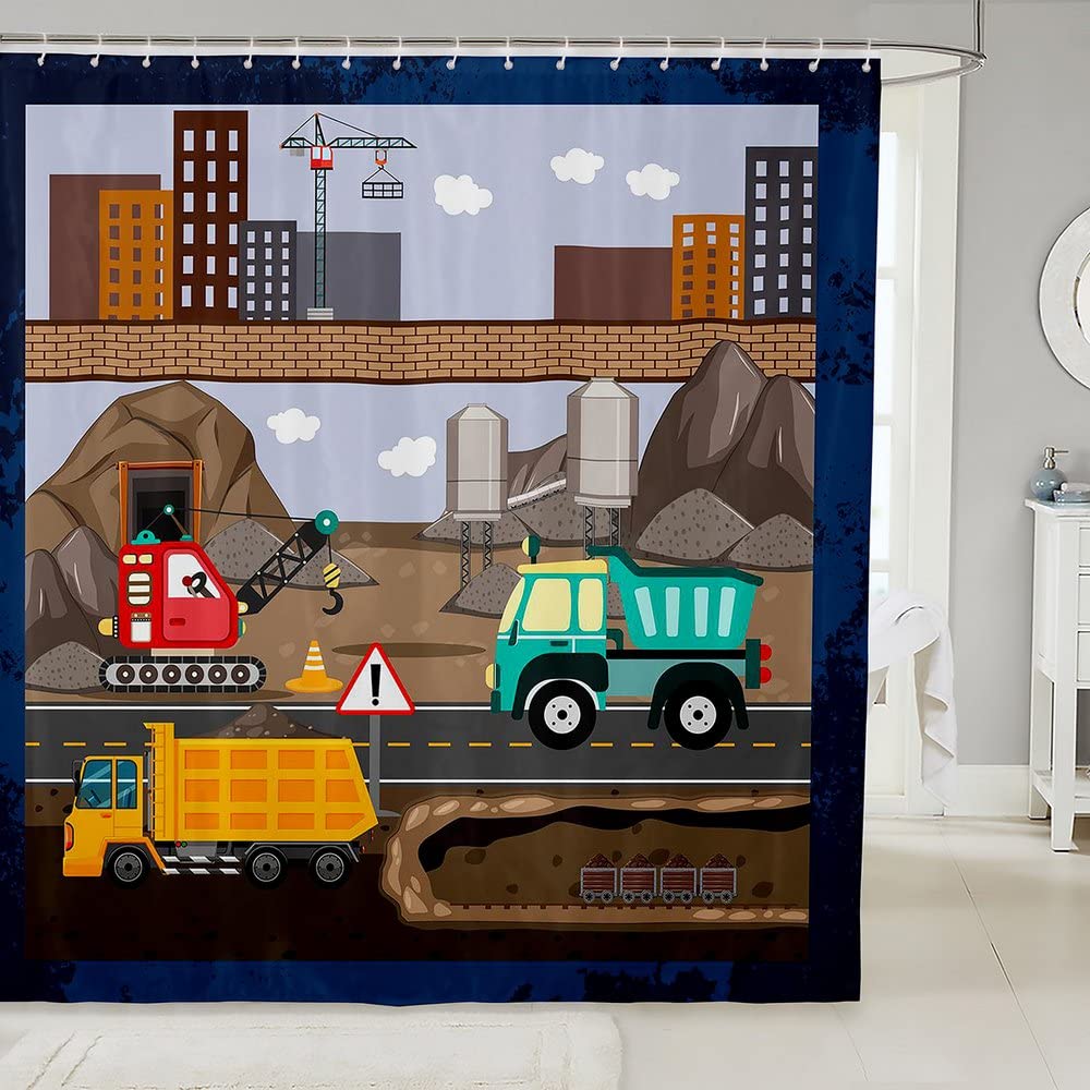Loussiesd Cartoon Construction Excavator Bath Curtain Vehicles Truck Car Shower Curtain for Machinery Bulldozer Crane Bathroom Fabric Shower Curtain