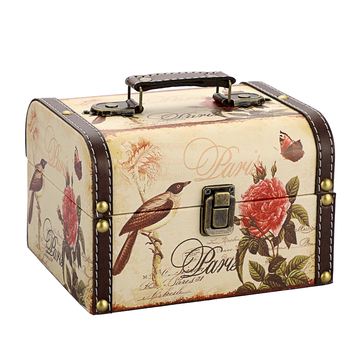 SUMNACON Wooden + PU Leather Storage Box Jewelry Chest, Decorative Trinket Box Keepsakes Chest with Handle, Treasure Box Organizer for Gift (Bird