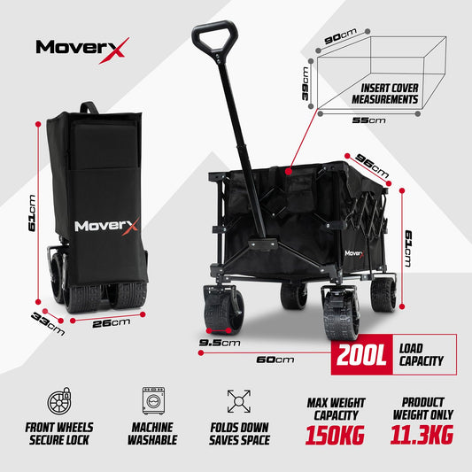 MoverX 200L Festival Trolley on Wheels, Folding Wagon, Portable Camping Cart, Collapsible Foldable Trolly for Beach Outdoor Garden Picnic Shopping