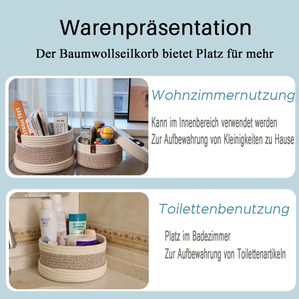 Yearonan 2 Pieces Storage Baskets with lids-Cotton Rope Lidded Basket-Natural cotton thread, leather buckle