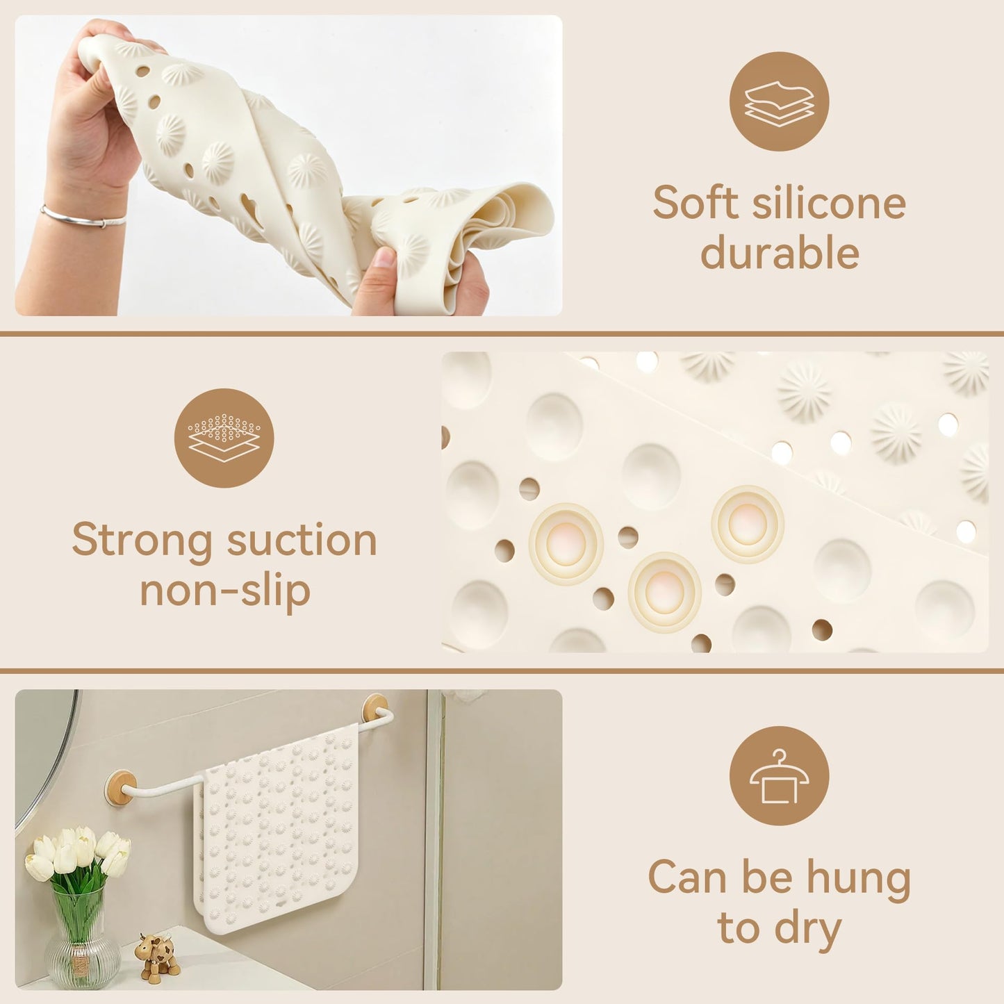 Volminex Non-Slip Bath Mat, Shower Mats, Bathtub Mat, Off-white, 80×40cm