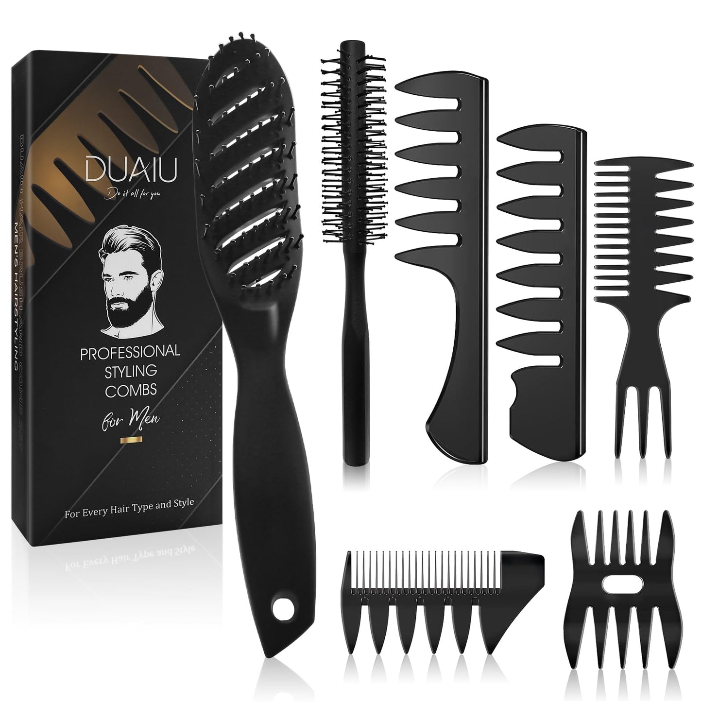 Hair Brush Men Styling Set,DUAIU Mens Hair Combs Styling Brush 7pcs,Curved Vented Paddle Brush,Quiff Round Hair Brush,Wide Tooth Comb,Texture Comb for