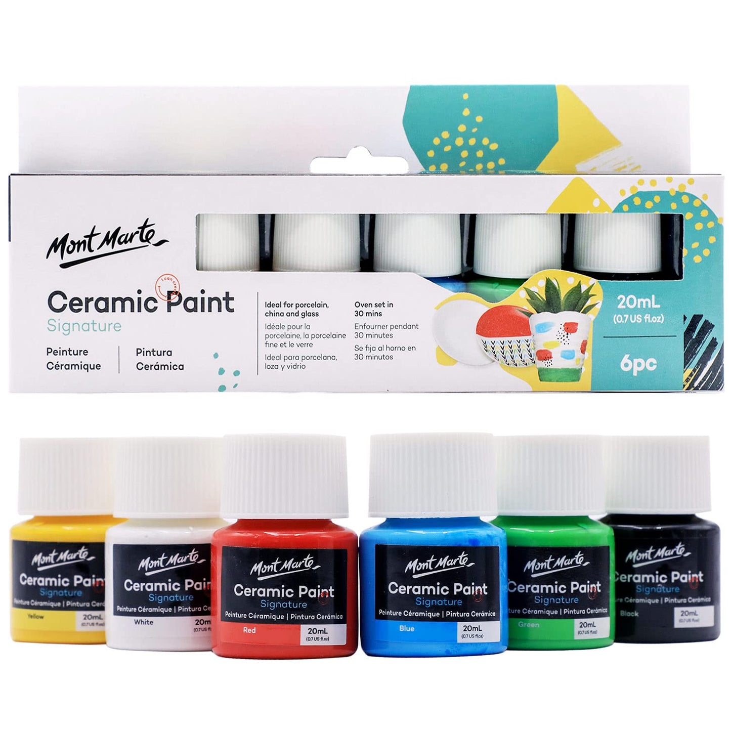 MONT MARTE Ceramic Paint Signature, 6 Mixable Colours, 20ml 0.7oz bottles, Paint for Porcelain, China and Glass, Art and Craft Supplies for DIY
