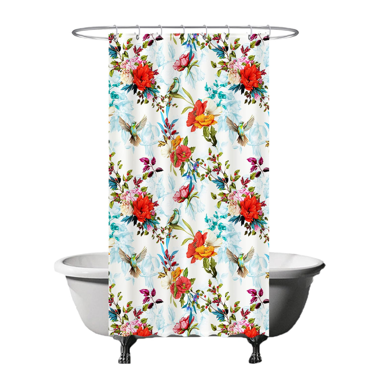 Ulticool Shower Curtain - Flowers Bird Nature Flowers - 120 x 200 cm - Washable - Anti Mould - with 8 Rings - Red Pink Orange Blue Purple Green