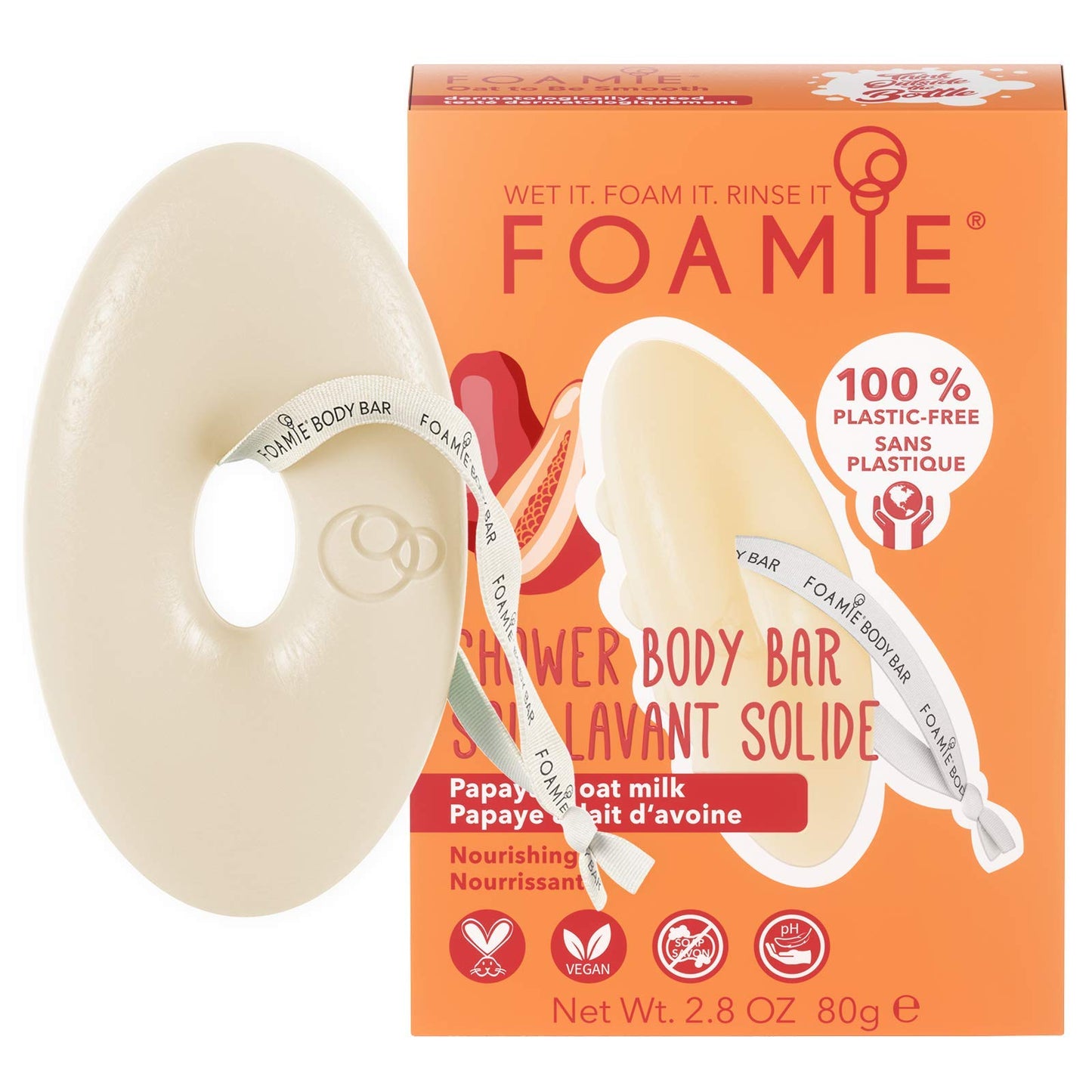 FOAMIE Shower Body Wash Bar, Papaya & Oat Milk. Plastic-Free, Soap-Free, No Sulphates or Parabens. Made Sustainably in the UK. 100% Vegan and Cruelty