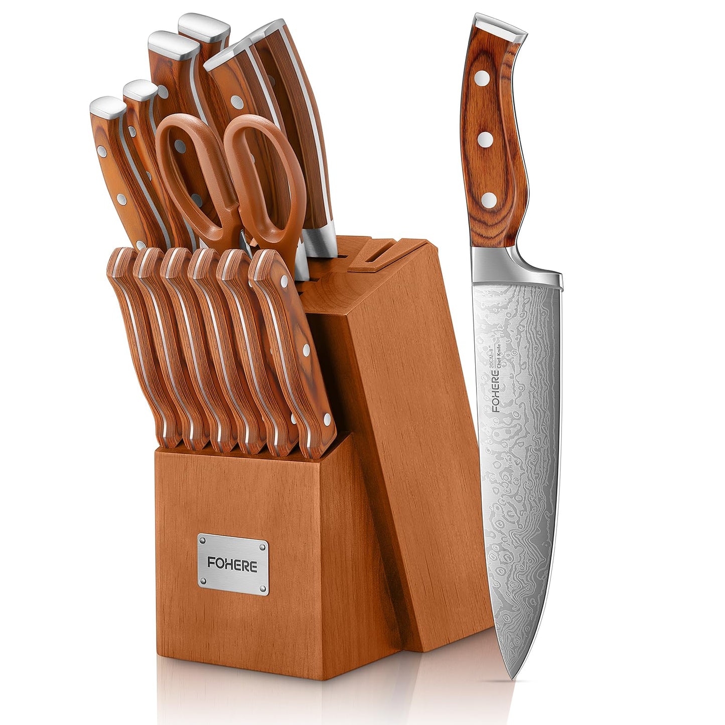 FOHERE Knife Set 14 Pieces Kitchen Knife Set with Wooden Block High Carbon Stainless Steel Self-Sharpening Knife Block Set with Built-in Sharpener,