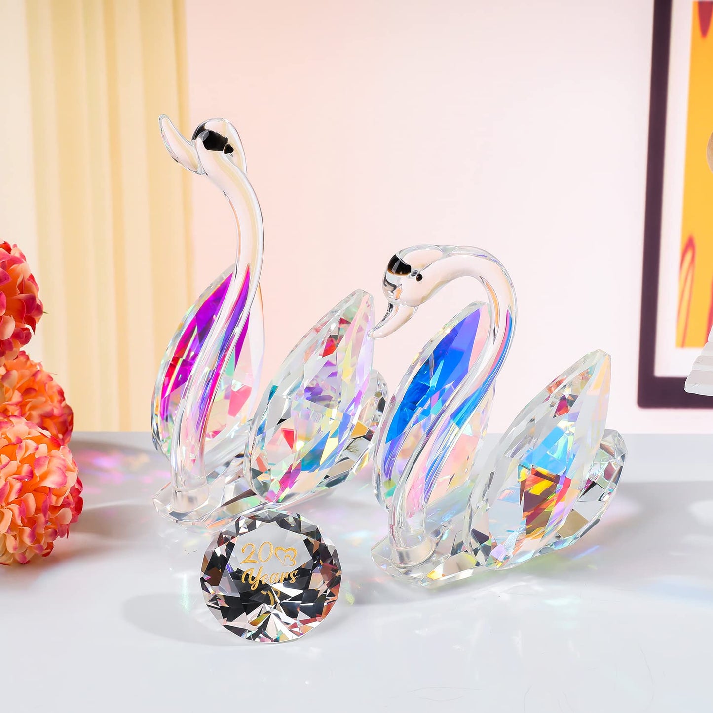 Set of 2 Crystal Clear Swans 20th wedding Anniversary Romantic Gifts for Wife Her, Glass Animal Collectibles Keepsakes Engraved 20 Years of Marriage