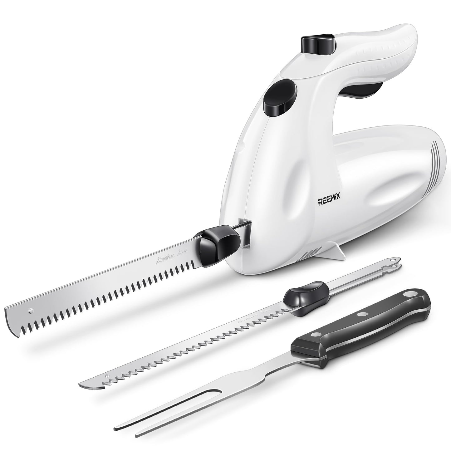 Reemix Electric Knife Set, 150W Powerful Electric Knife for Multi-Purpose Use, One Touch Operation, for Meats, Poultry, Bread - 2 Carving Blades and 1