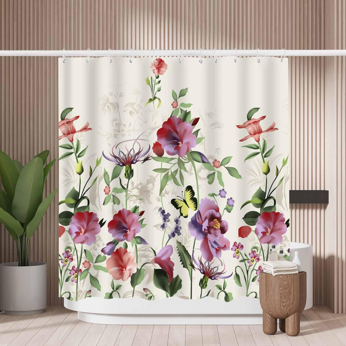 Woutay Shower Curtain Mould Proof Resistant Watercolor Horizontal Flower,Water Repellant Fabric,Polyester,with 12 Plastic Hooks,Size 180x180CM