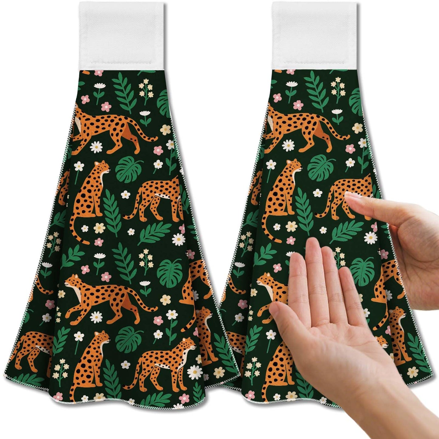 CUTHOLLOW Cheetah and Flowers Tea Towels for Kitchen with Loop, Set of 2 - Soft & Super Absorbent Microfiber Decorative Hanging Dish & Hand Towel,