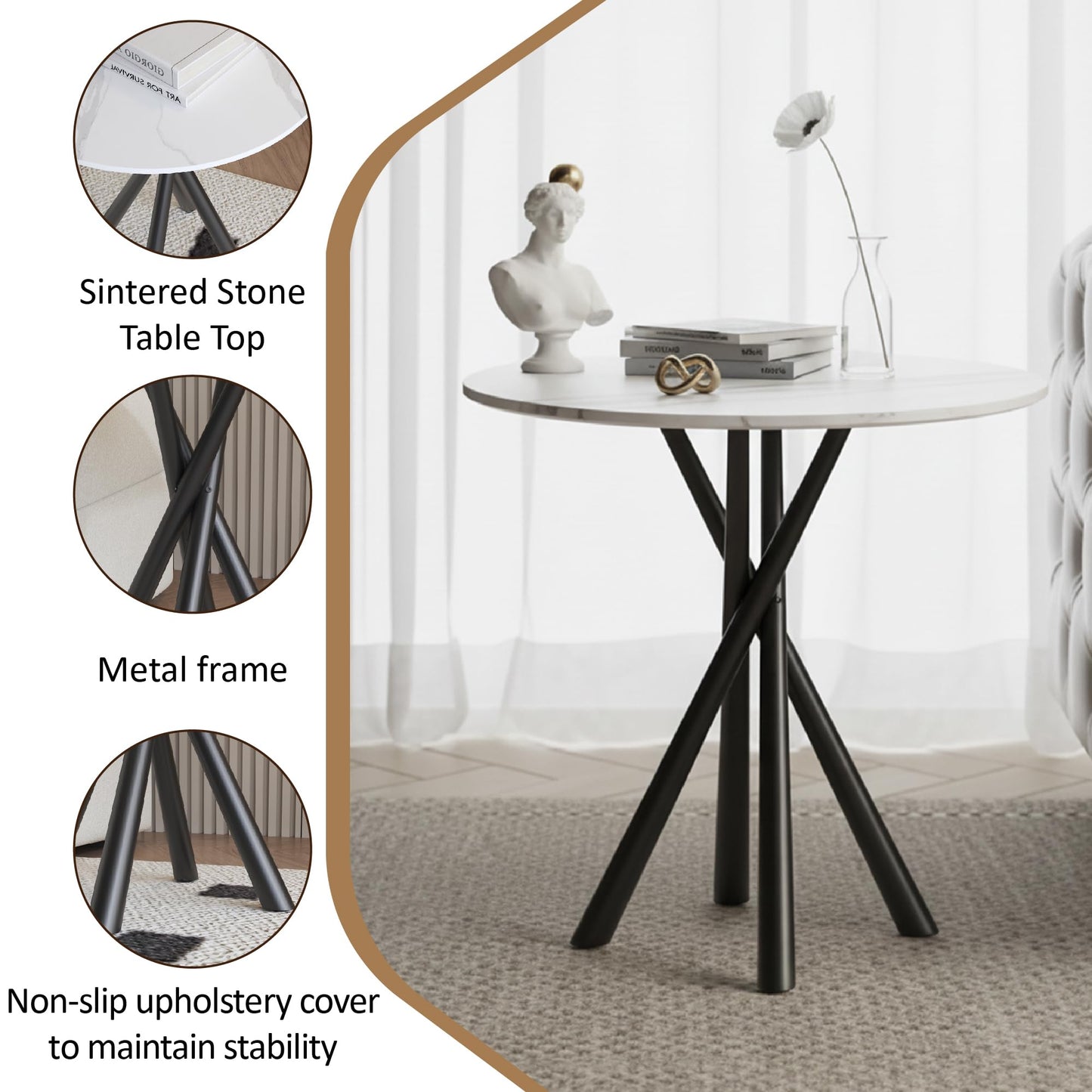 IMHKAM Round Side Table, White Small Stone Marble Coffee Table Living Room Bedside Table with Black Metal Legs Sofa Bedroom Office Table, 50x50x55cm