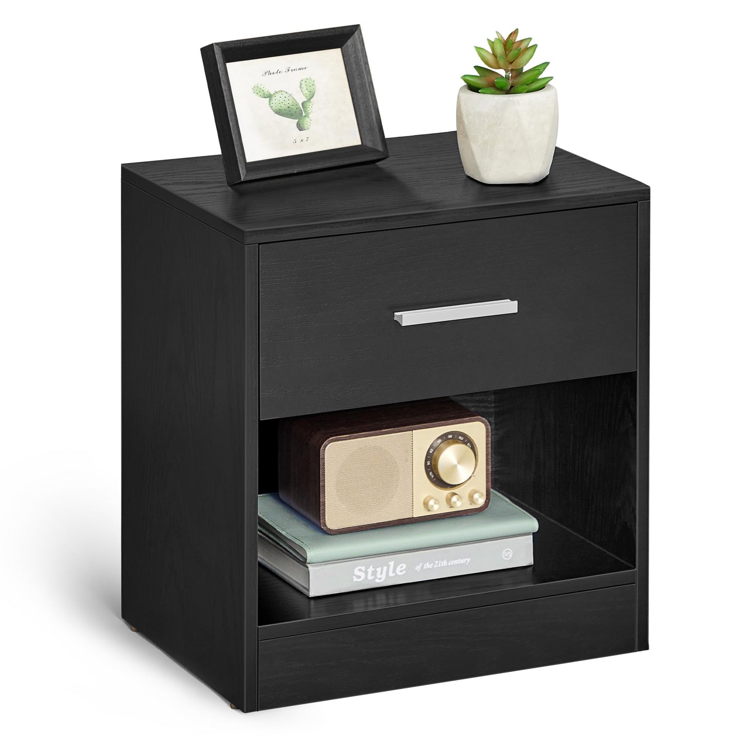 VASAGLE Bedside Table, Side Table with Drawer, Handle, Open Compartment, End Table, for Bedroom, Living Room, Classic Black LET619T56