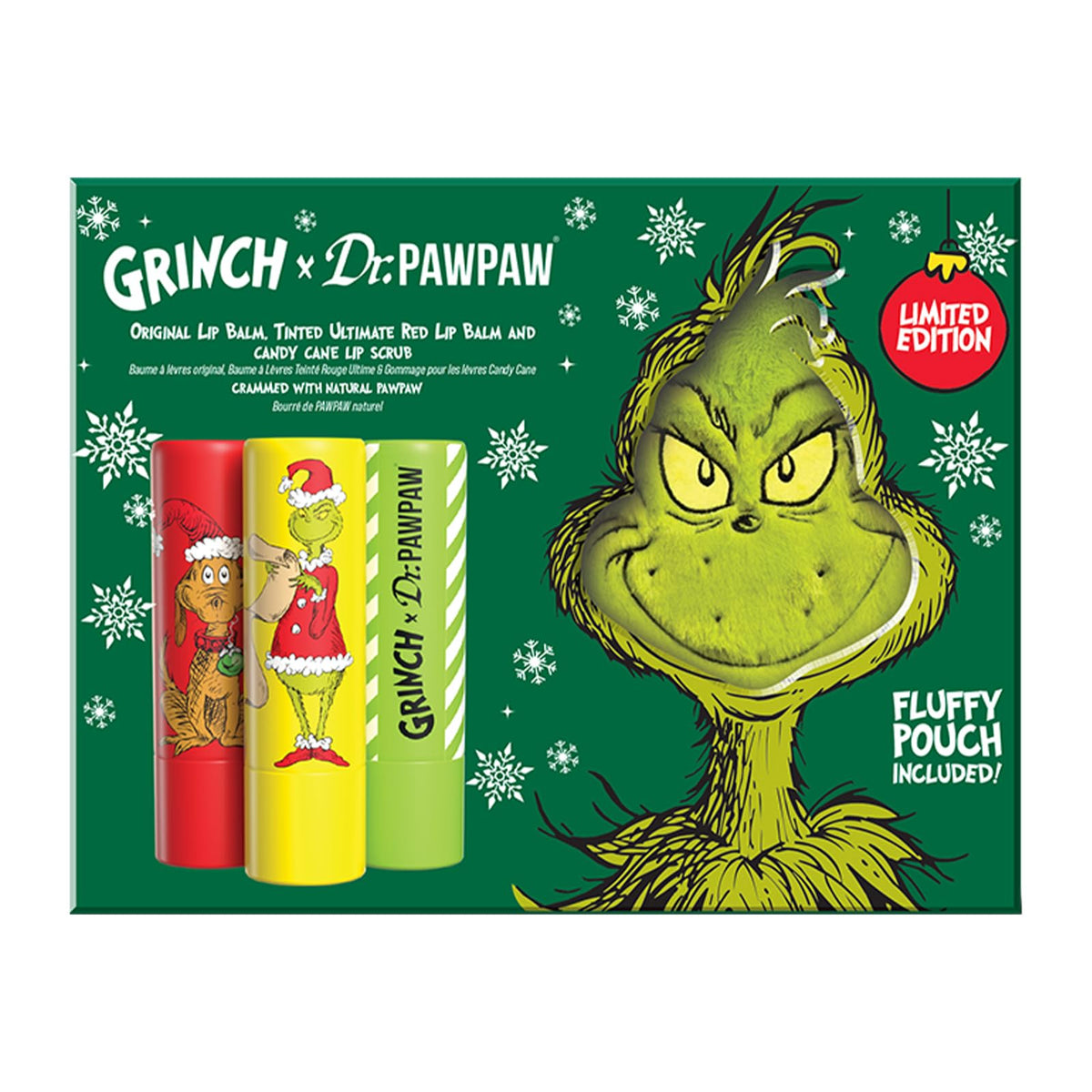 Dr.PAWPAW x The Grinch Ultimate Red, Candy Cane Lip Scrub & Original Balm Gift Set 3 x 4g + Pouch, Exfoliating & Hydrating Lip Care Trio, Nourishing