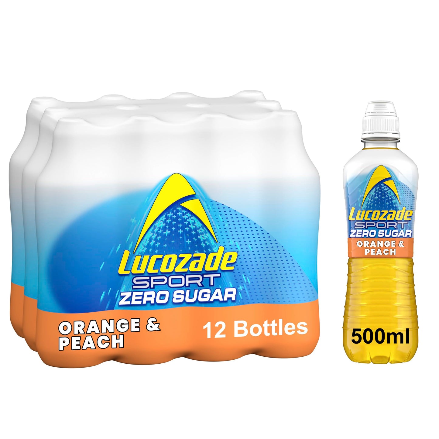Lucozade Sport Zero Sugar - Orange & Peach 12x500ml | Sugar Free Sports Drink, with Vitamin B3 and electrolyte | Zero Sugar | Only 4 calories per