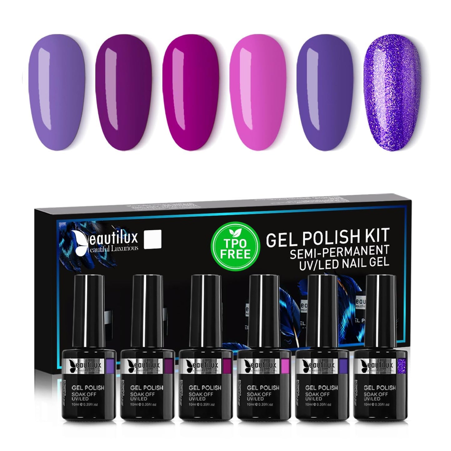 Beautilux HEMA & TPO Free Gel Nail Polish 6 x 10ml - European Standard, One Stroke Color UV/LED Curable Long-Lasting Manicure Polish Set