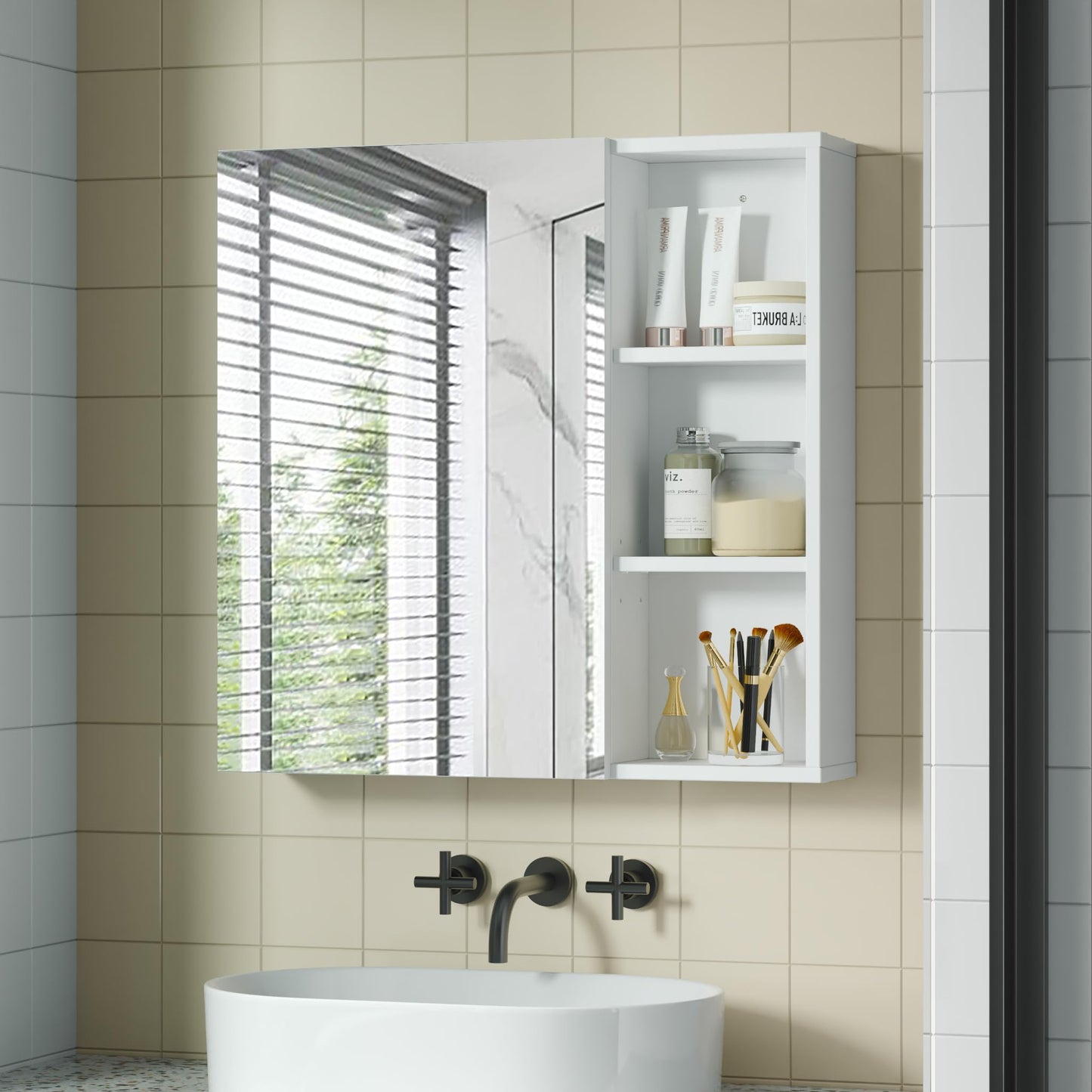 Mondeer Bathroom Mirror Cabinet, Wall Cabinet with Toothbrush Holder Cup Holder and Adjustable Shelves, Space Saving, Ventilation Design