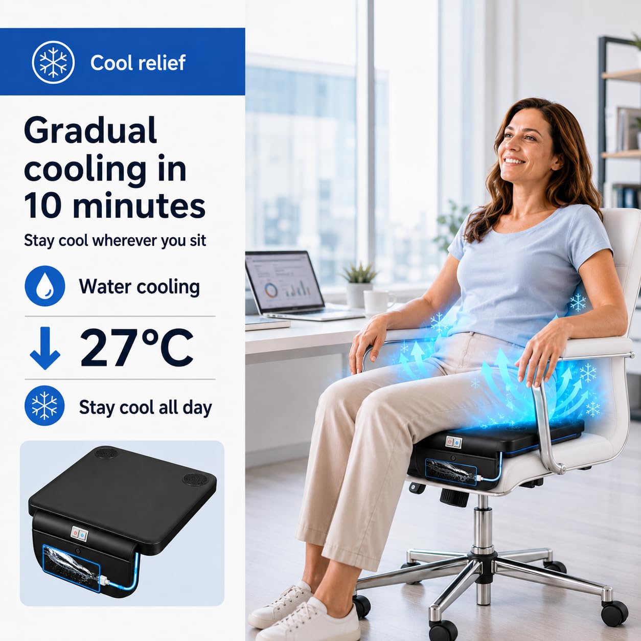 GOBRILLFUN Water-Cooled Seat Cushion Down to 27°C with Fan, USB/12V/24V