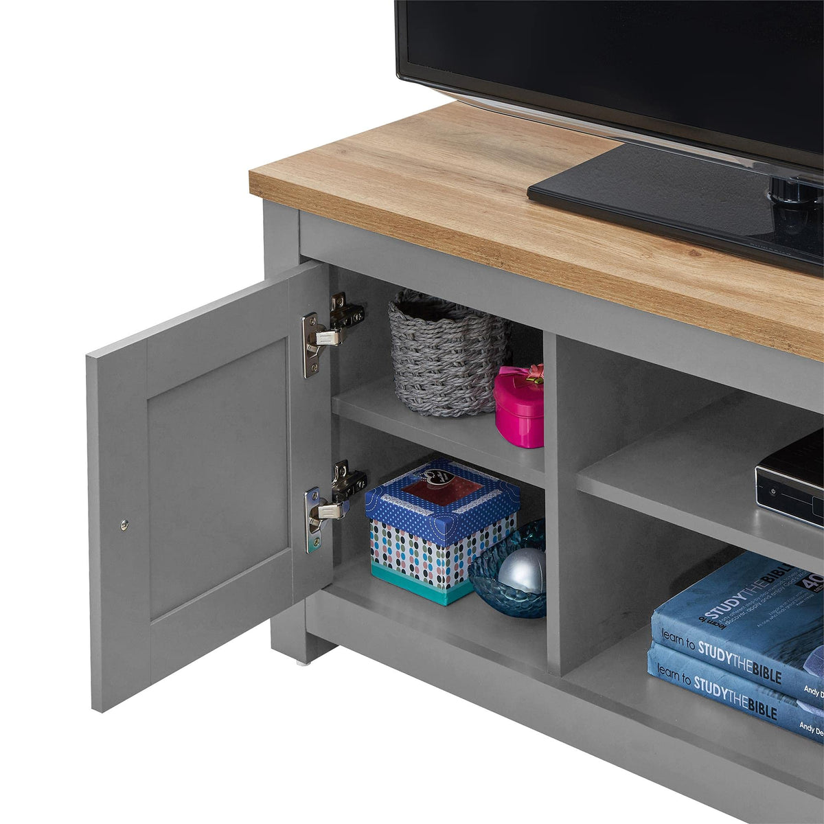 Timber Art Design UK TV Unit Cabinet Storage Stand With 2 Open Shelves Media Devices Modern Furniture Living Room, Light Grey - 50 x 99 x 40 cm