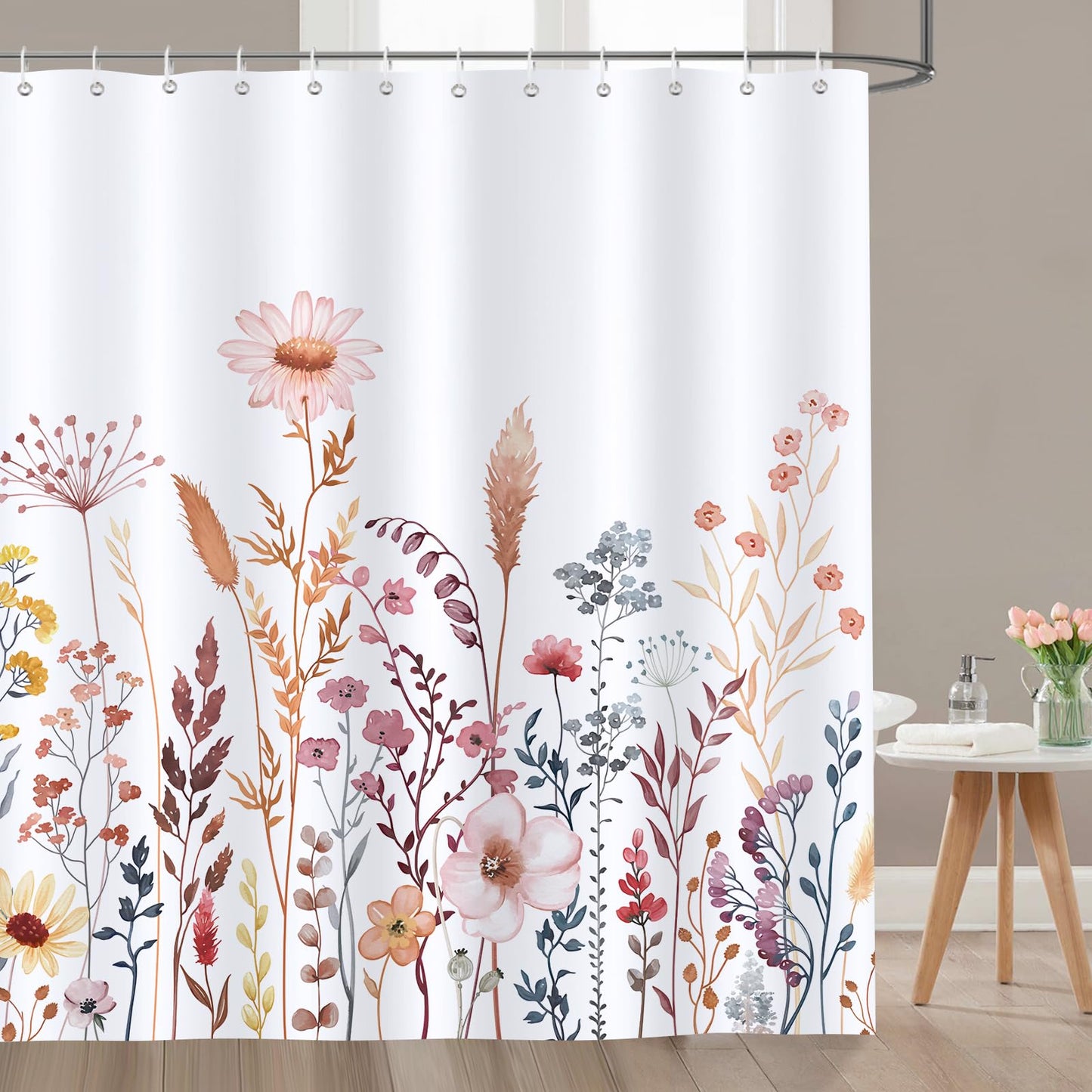 Bonhause Autumn Wildflower Shower Curtain 180 x 180 cm Watercolor Floral Plant Bathroom Curtain Waterproof Mildew & Mould Resistant Polyester Fabric