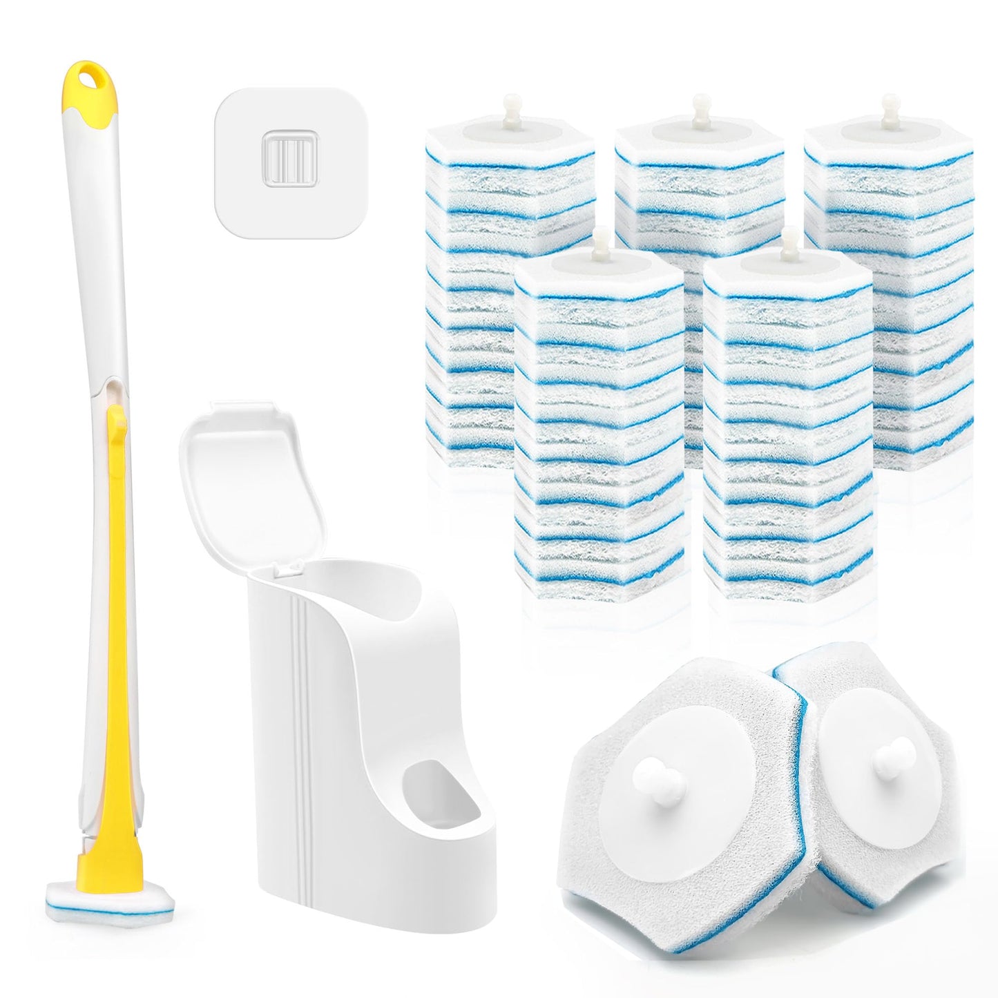 Dolanx Disposable Toilet Brush with 40 Refills, Wall Mounted Long Handle Compact Bathroom Bowl Cleaner Wand Holder Set for Sink Bathtub Wash Basin Mop