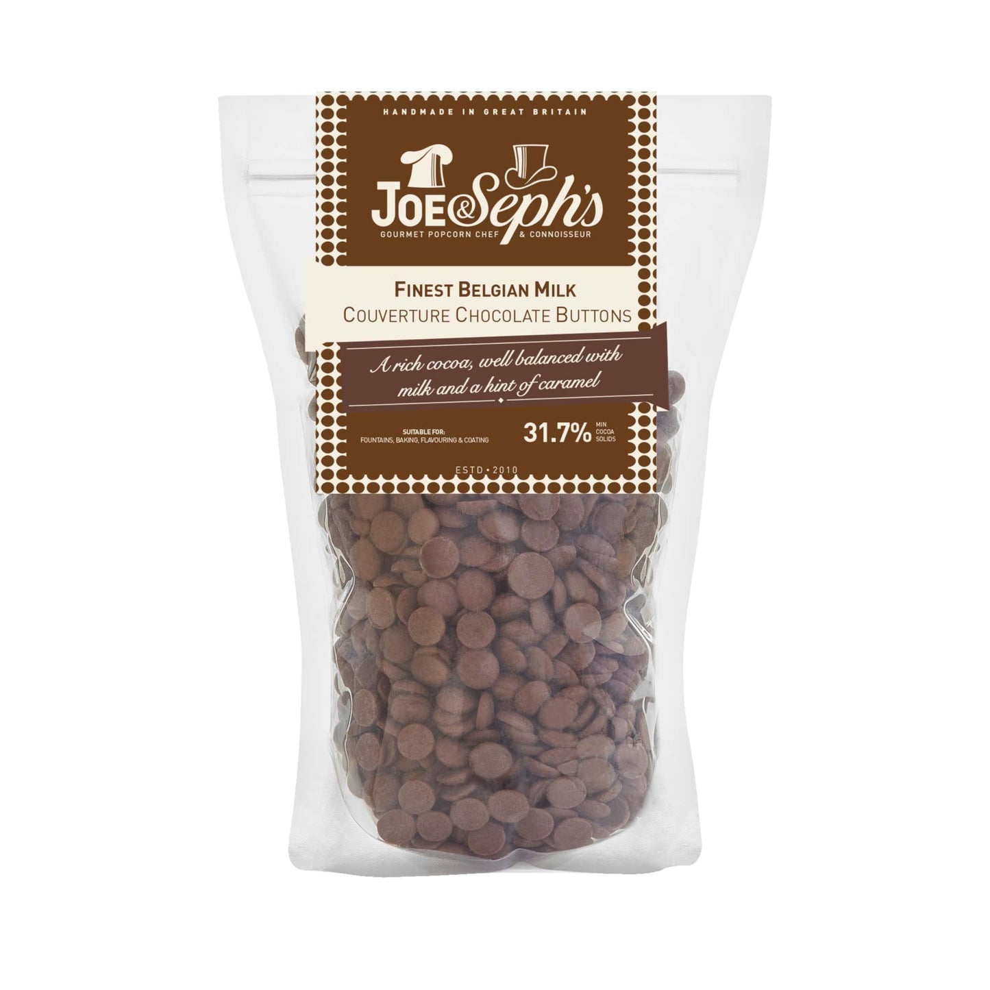Joe & Sephs Finest Belgian Milk Chocolate Buttons (800g), Finest Couverture Belgian Milk Chocolate Buttons, 31.7% of Cocoa, Perfect for Chocolate