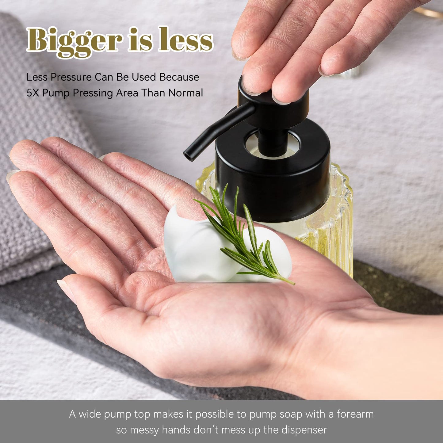 Easy Tang Glass Foaming Soap Dispenser with Black Pump, 12 OZ Vintage-Inspired Modern Glass Refillable Bottle for Bathroom Vanity Countertop and