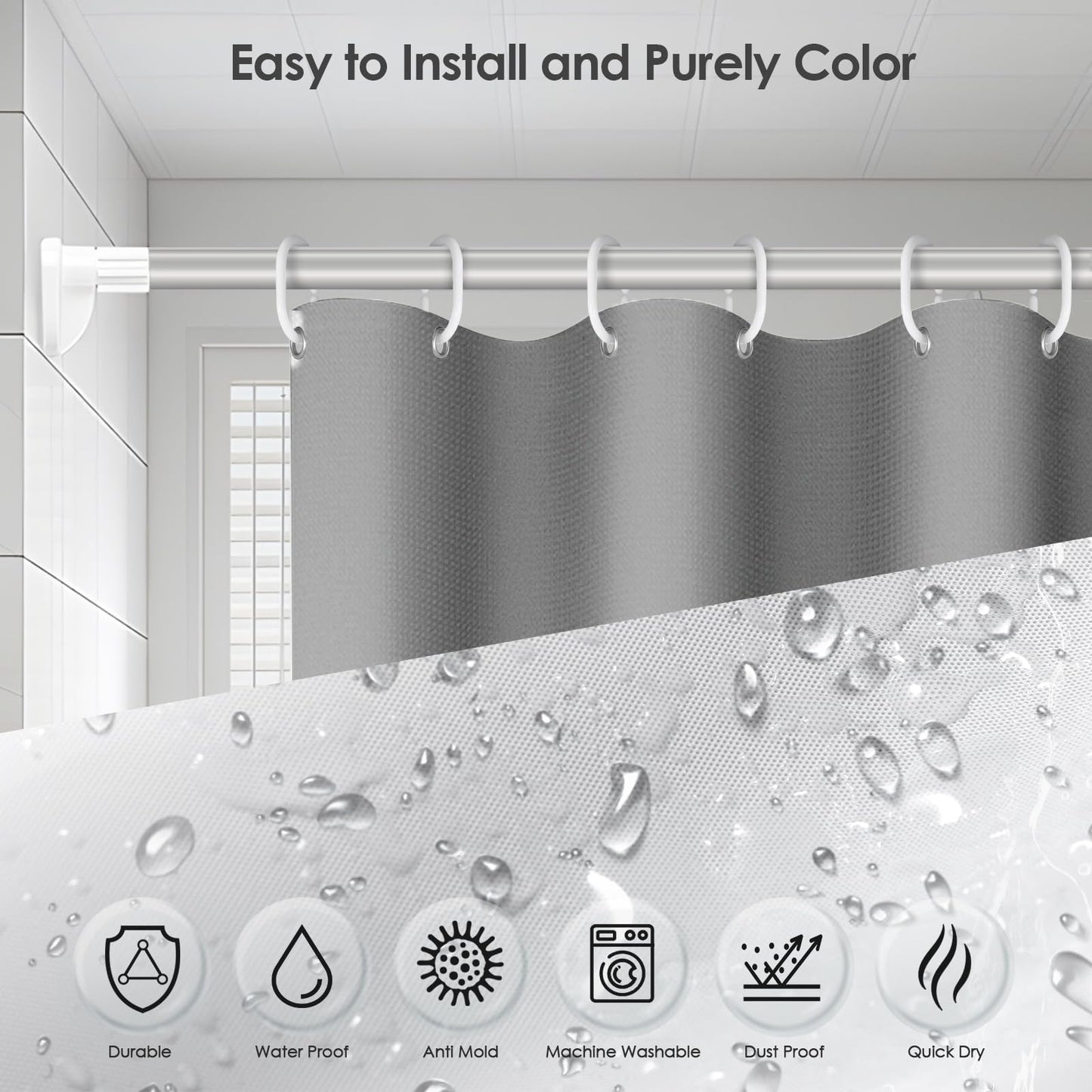 Vinabo Grey Shower Curtain, 180 x 200 cm Bathroom Curtains, Washable Shower Curtain with 12 Hooks, PEVA Fabric Curtain