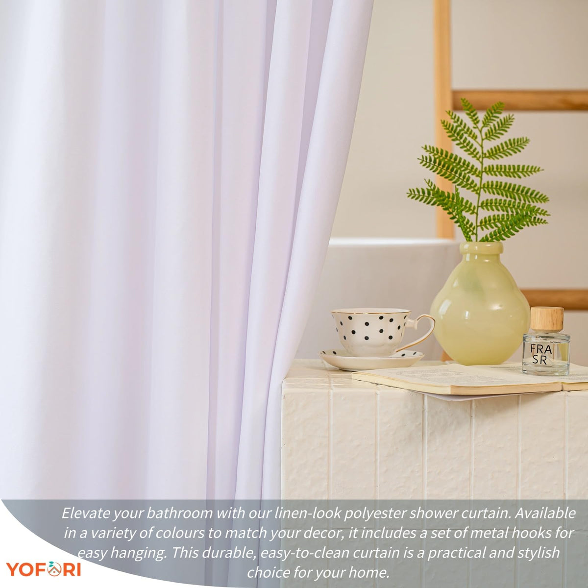 Yofori White Shower Curtain for Bathroom, Fabric Shower Curtains Faux Linen Polyester Wet Room Shower Curtains Sets with Metal Hooks, 183x183cm