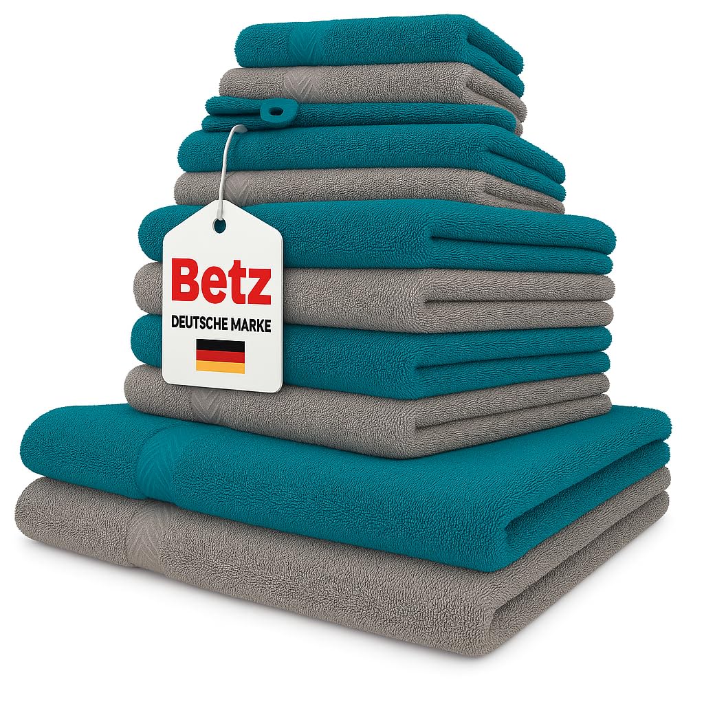 Betz 12-piece towel set PALERMO 100% cotton 2 beach towels 4 hand towels 2 guest towels 2 face towels 2 washcloths Color petrol and stone