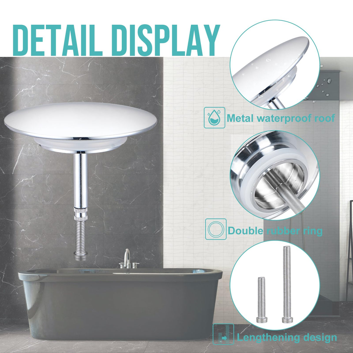 Bath Plug Diameter 72mm Chrome Plated Drain Plug with Innovative Double Seal Waste for Most Bathtub Height Adjustable