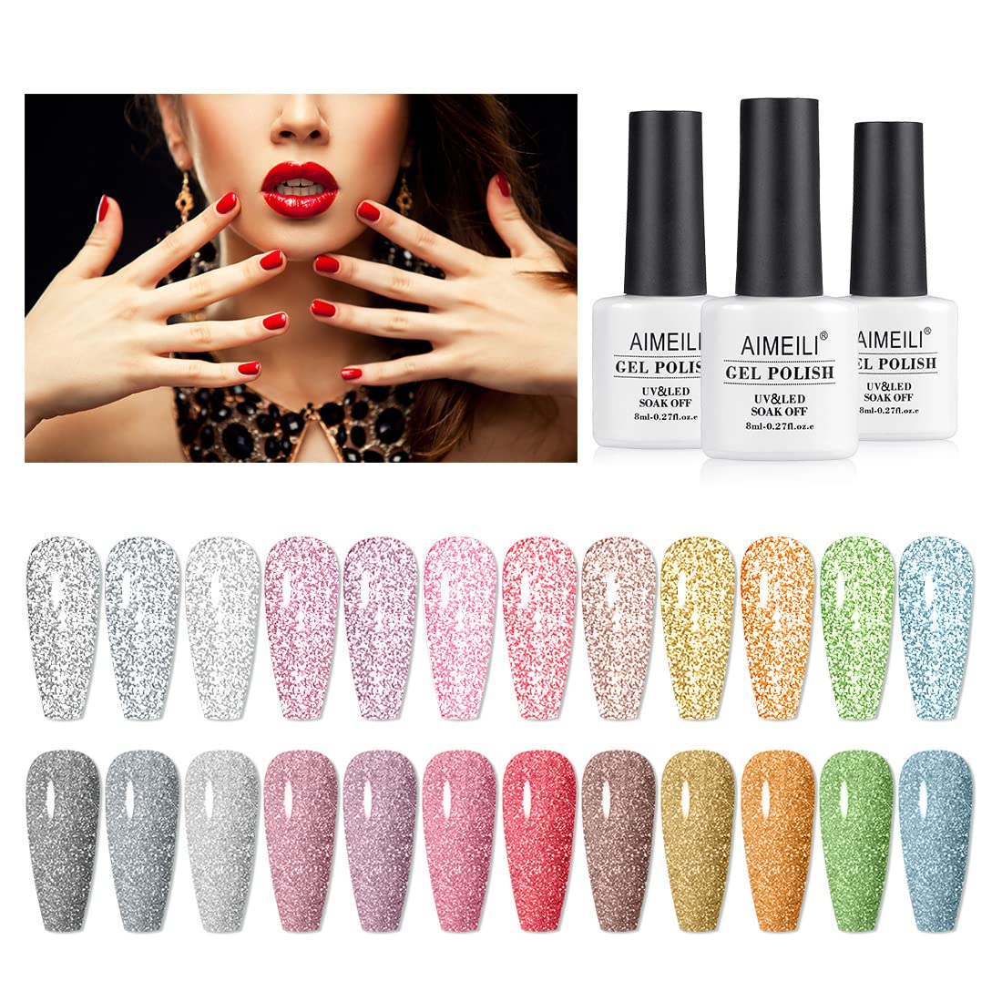 AIMEILI Reflective Glitter Gel Nail Polish, 8ml 12 Colours Glitter Gel Polish Soak Off UV LED Holographics Sparkly Shinny Effect Gel Nail Varnish