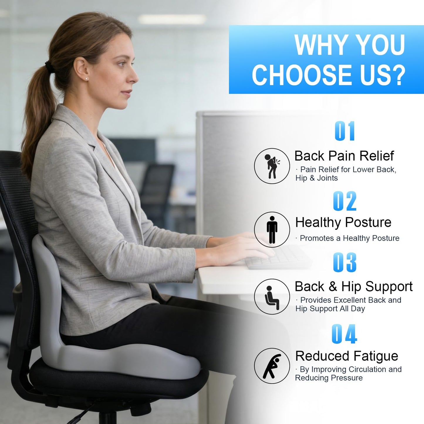 Gresonic Ergonomic Memory Foam Seat Cushion, For Office, Car, Gaming & Dining Chairs, Sciatica, Tailbone & Coccyx Pain Relief