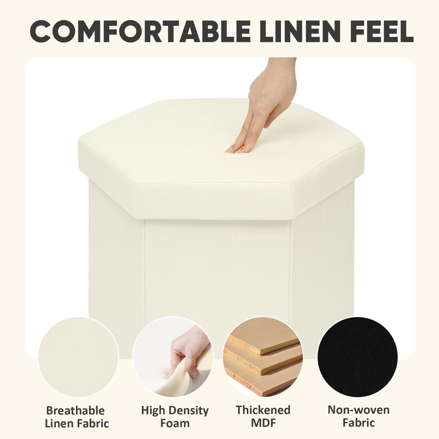 PINPLUS Folding Storage Ottoman, Linen Hexagonal Footrest, Cream White