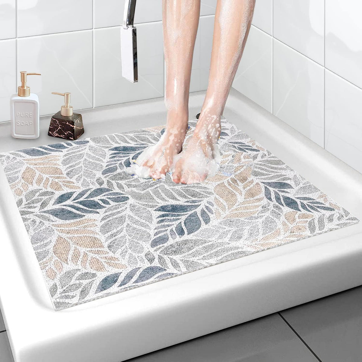 Shower Mats for Inside Shower, Square Loofah Shower Mat Non Slip Anti Mould for Elderly, Quick Dry Soft Bath Mat (Leaf, 60 x 60 cm)