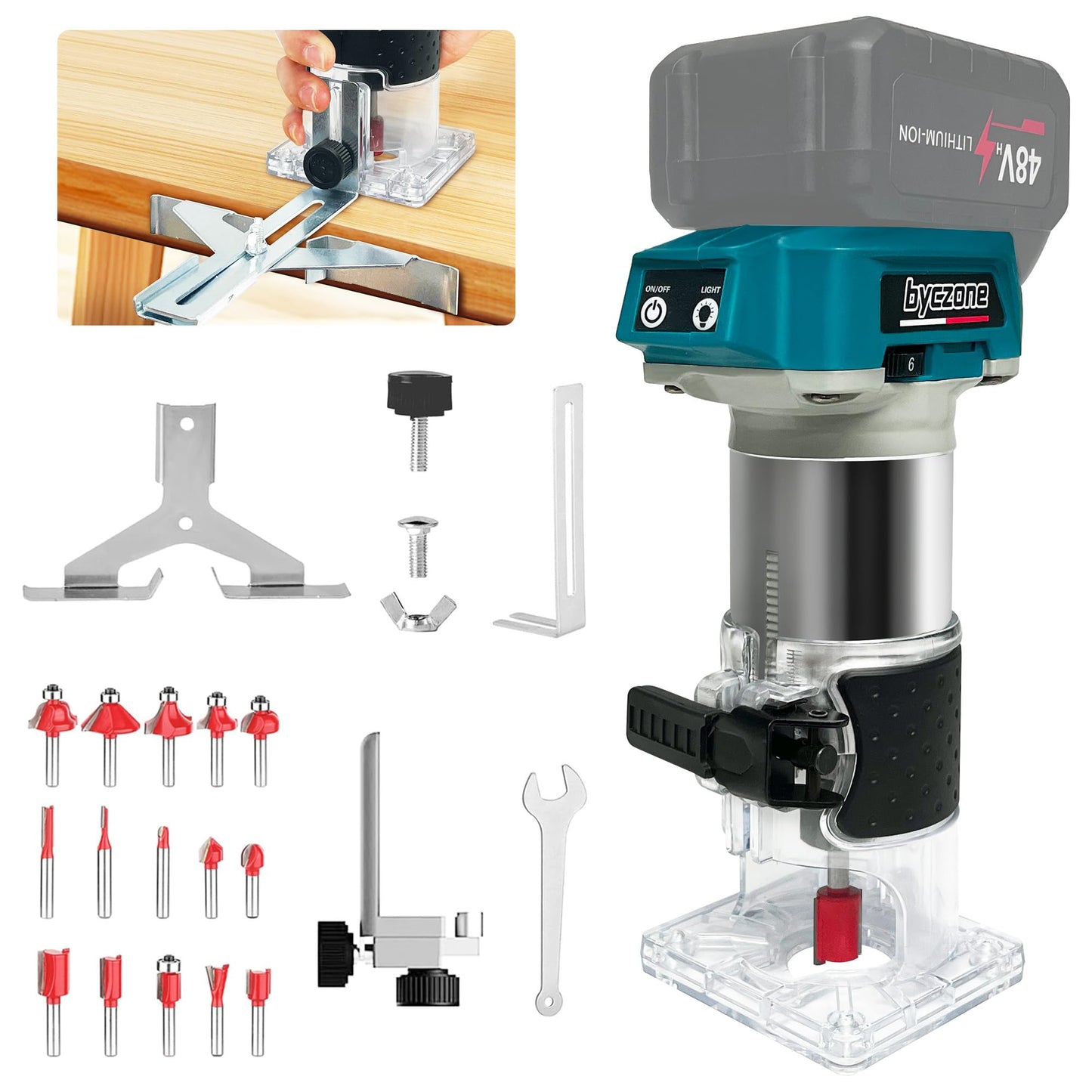 Cordless Wood Router Trimmer for Makita 18V Battery, 6 Variable Speeds Wood Trimmer Set 800W - 30000 RPM Brushless Motor Hand Palm Router with 15pcs