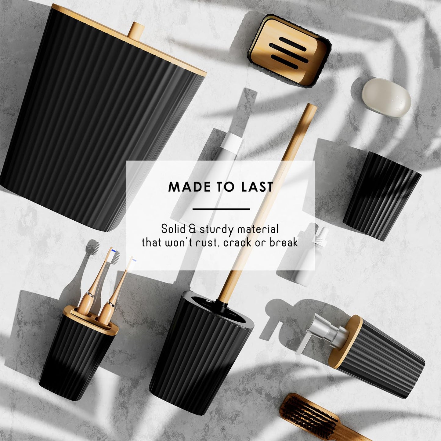 Clara Clark Bathroom Set - Black Bathroom Accessories Set, 6PC Bathroom Accessory Set, Bathroom Sets with Toilet Brush, Trash Can & Soap Dispenser