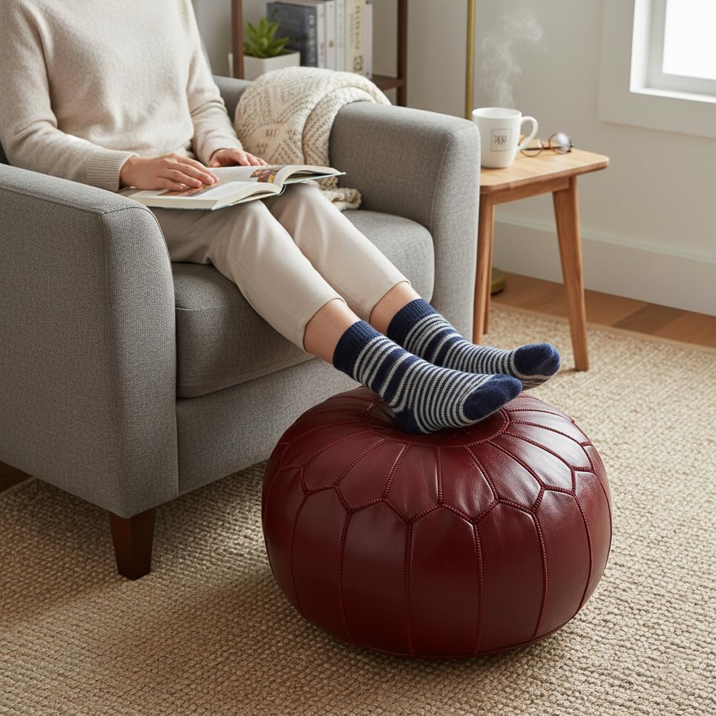 ESSENCE OF MOROCCO Moroccan Pouffe Pouf Footrest Footstool Ottoman Real Leather Burgundy Red Handmade Hand-stitched with Embroidered Marrakech Design
