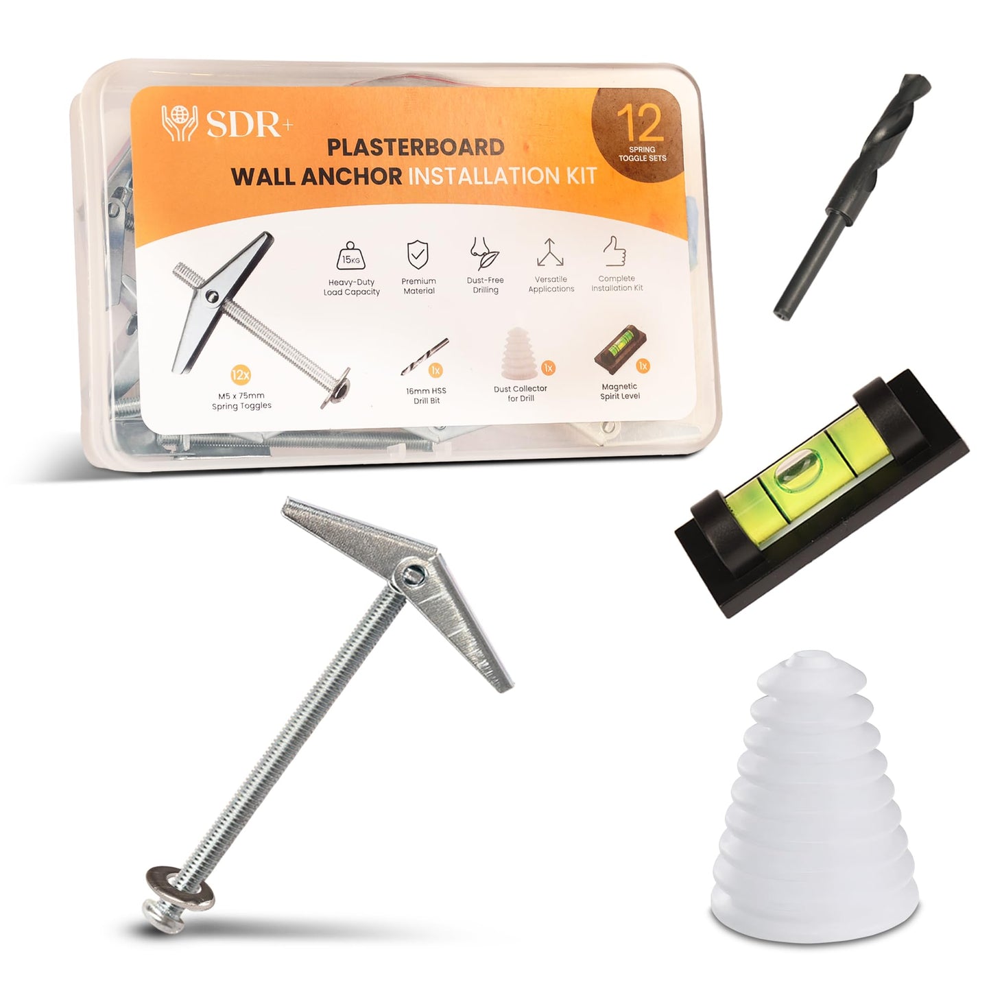 Heavy Duty Cavity Wall Fixings Kit for TV Brackets | 12x M5 Spring Toggle Bolts (15kg Load) | Plasterboard Anchor Kit with 16mm Drill Bit, Dust