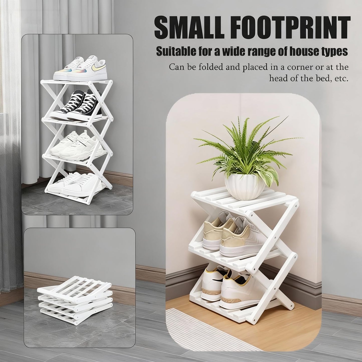 GIRYES Small Shoe Rack White, 3 Tier Bamboo Foldable Shoes Organizer Free Standing Shelf for Entryway, Bedrooms, Closet, Living Room Corner