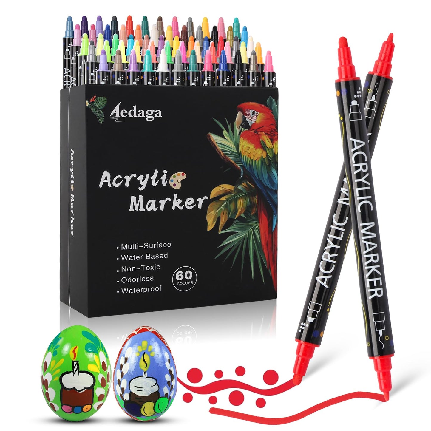 AEDAGA 60 Colours Acrylic Paint Markers, Dual Tip Acrylic Paint Pens with Fine and Dot Tip for Glass, Stone, Wood, Canvas, Paper, Pottery, DIY Crafts,