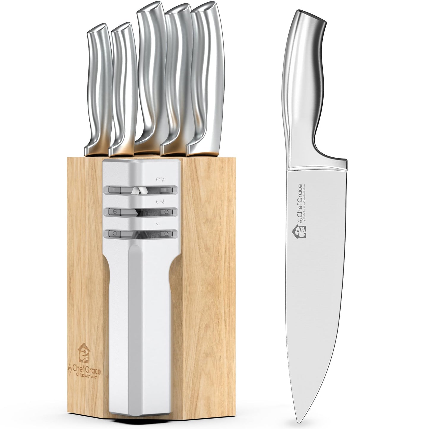 Premium 2-in-1 5-Piece Kitchen Knife Set with 3-Stage Sharpener ? Includes Chef, Bread, Carving, Utility & Paring Knives + Counter-top Sharpener &