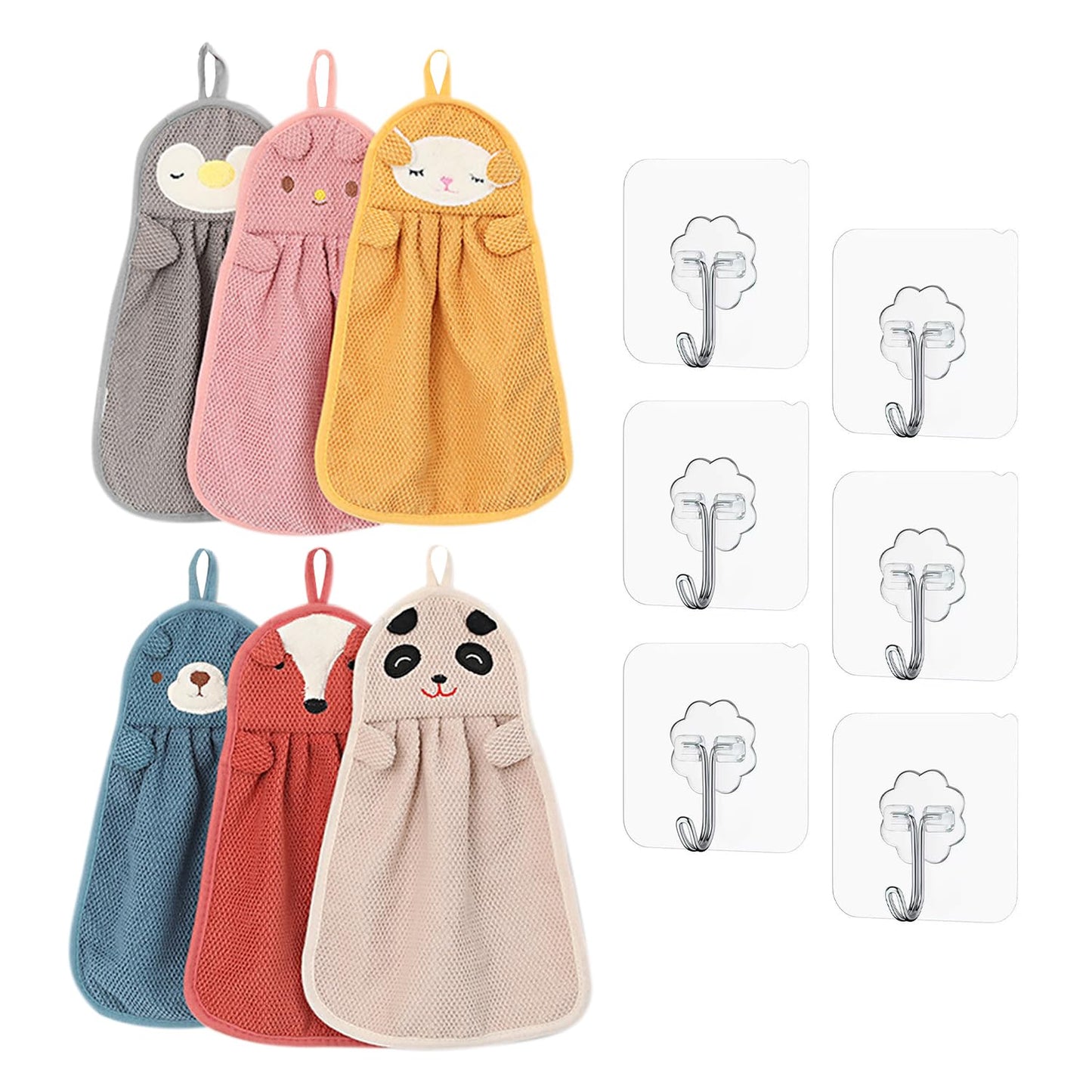 TYGFRT 6 Pcs Animal Handkerchiefs, 6 Pcs Hooks, Kids Towels For Girls, Colorful Guest Towels, Small Towels, Kids Face Towels, Bunny Kitchen Towels,