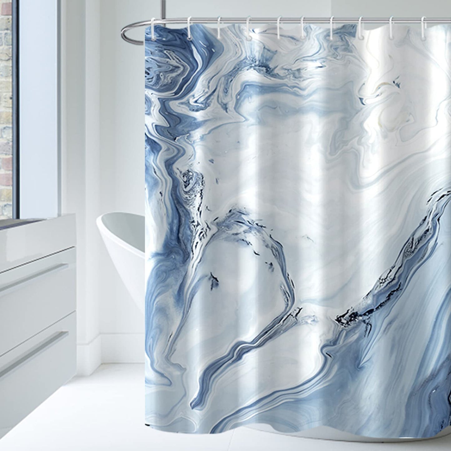 MIRRORANG Shower Curtain with 12 Hooks,Fabric Light Blue Marble Shower Curtain for Bathroom,72 x 72 Inch,100% Polyester