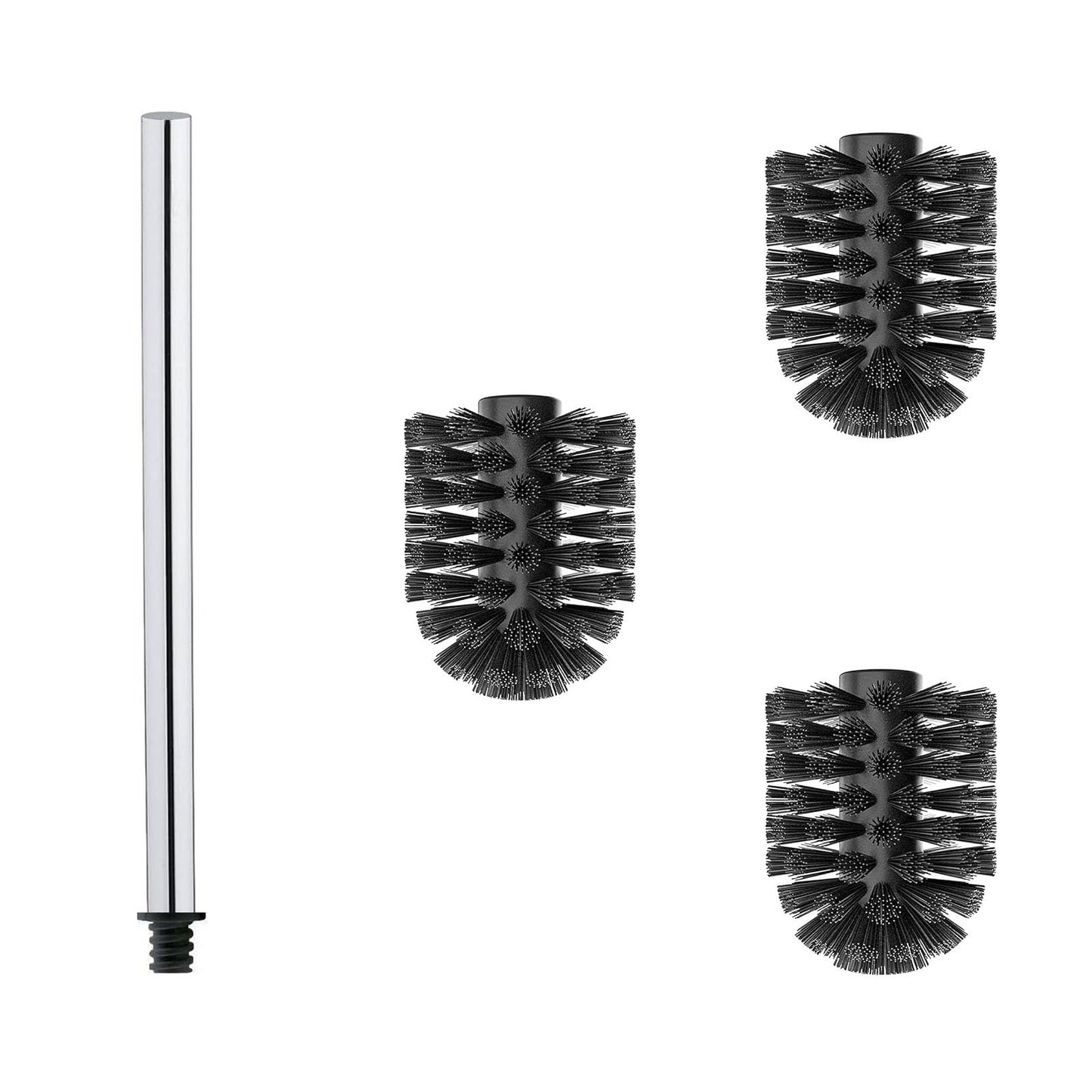 WAVEWO Stainless Steel Toilet Brush Set - 3 x Interchangeable Heads Diameter 7 cm + 1 x Rustproof Handle 27 cm - Interchangeable & Durable (Black)
