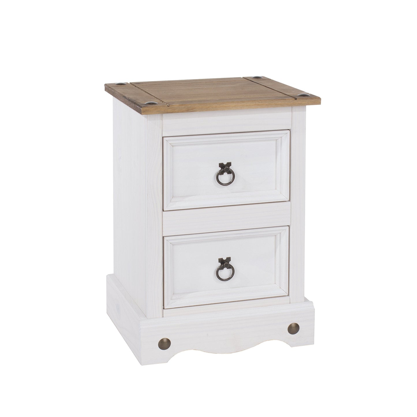Home Source Distressed Waxed Pine Wood 2 Drawer Petite Bedside Nightstand, Lamp Table, White
