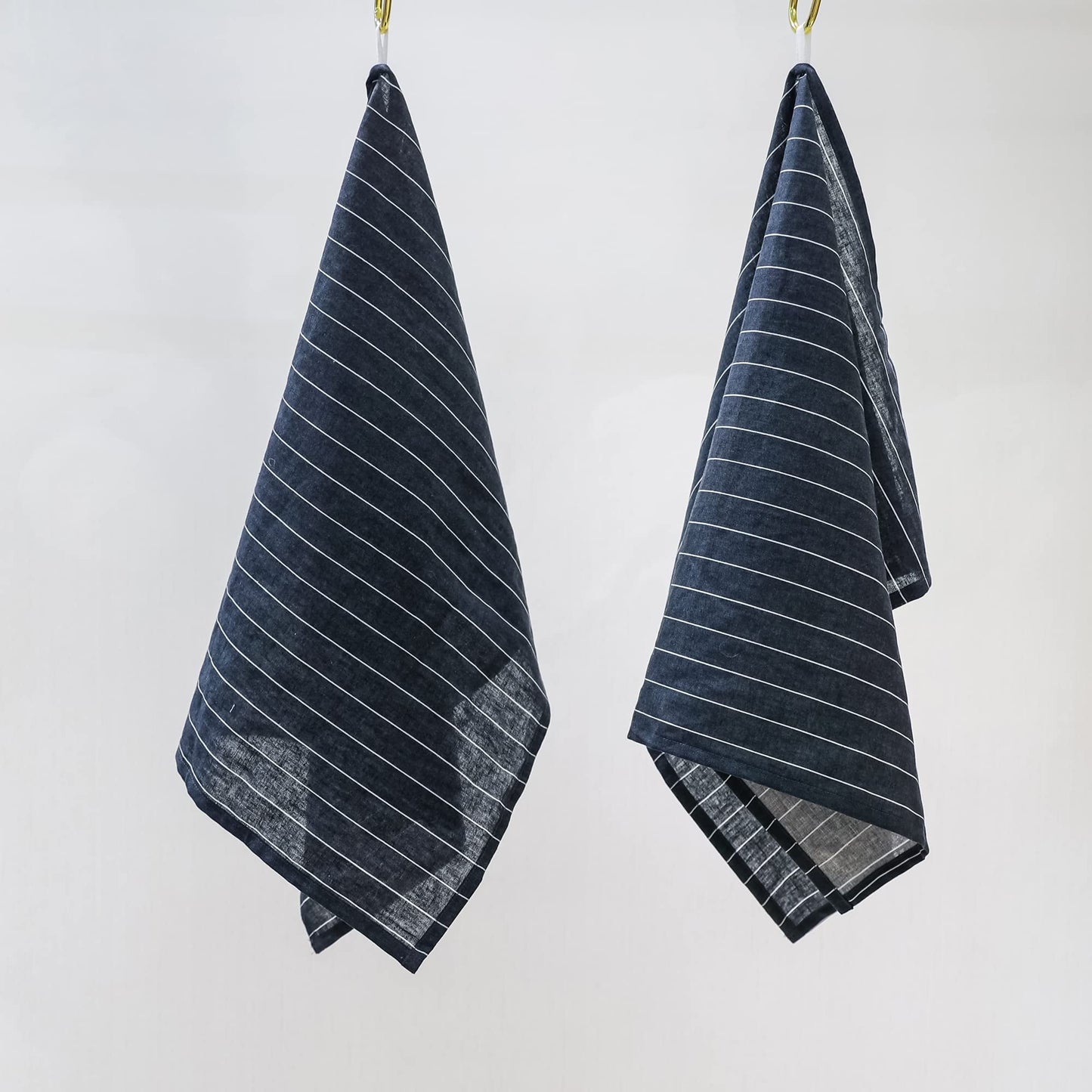 linendo Linen Cotton Kitchen Towels 50 x 75 cm Navy Large Stripe - Set of 2 Pack, Natural Fabric Washable Tea Towels, Highly Absorbent Dish Towels,